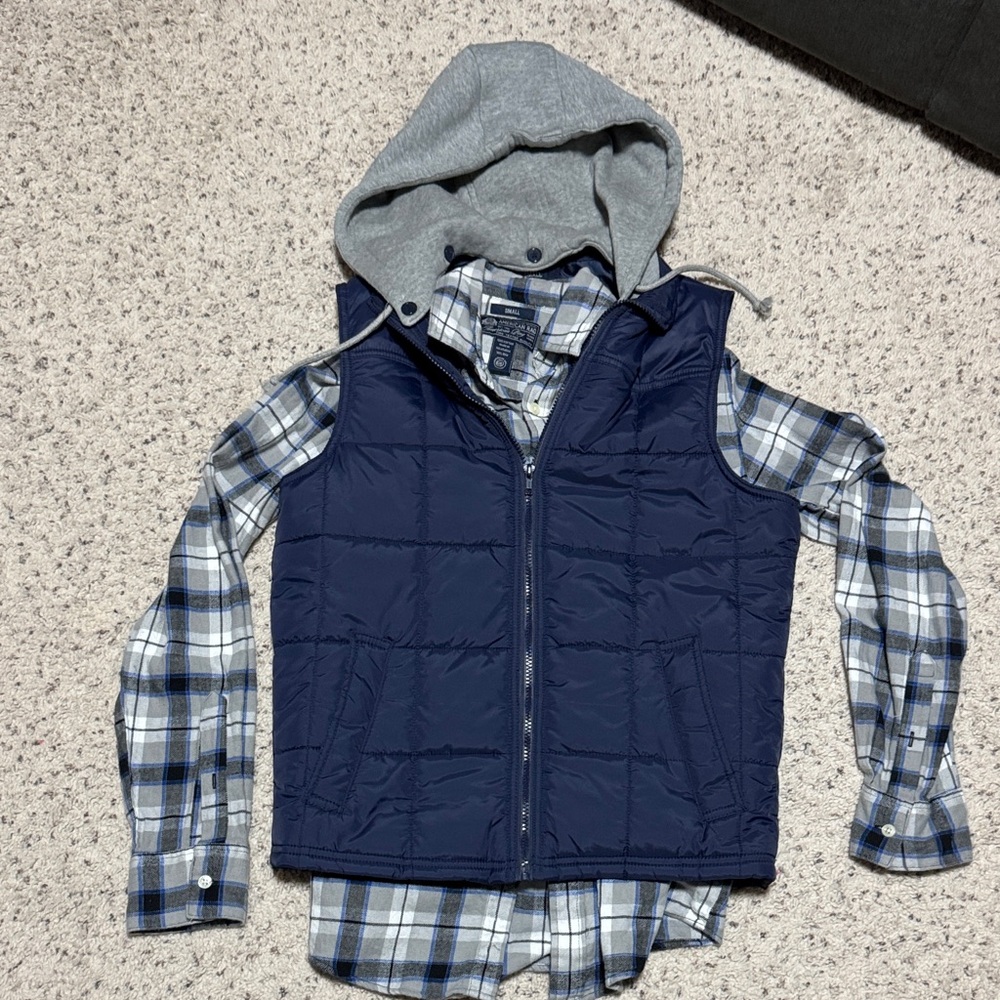American Rag Blue Plaid Shirt with Navy Vest